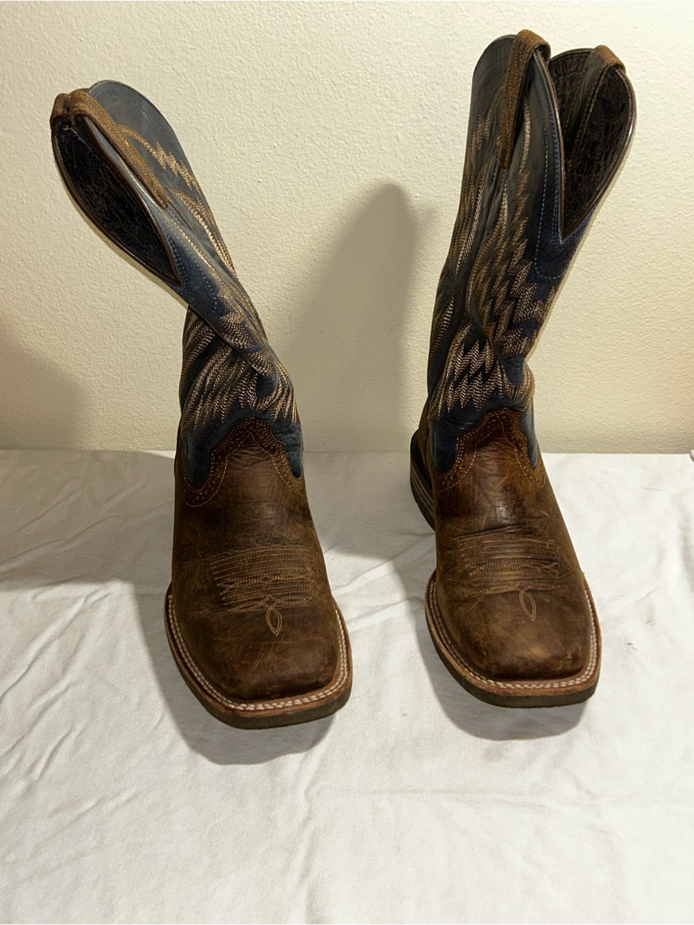 Ariat Brown Leather Cowboy Boots with Blue Embroidered Shaft